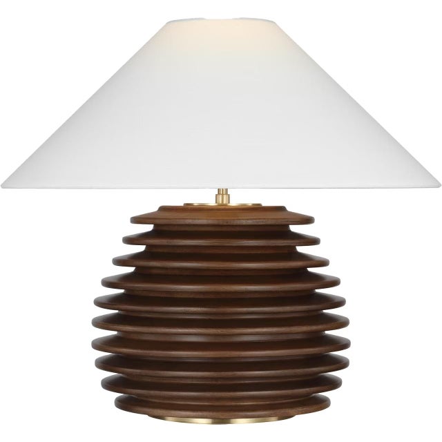 Modern Kelly Wearstler by Visual Comfort Signature Crenelle 20" Stacked Table Lamp in Burnished Birch with Linen Shade For Sale - Image 3 of 3
