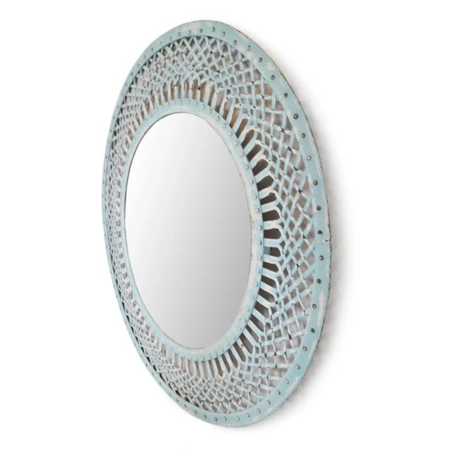 Vintage iron basket weave round frame mirror. Beautiful aged solid iron with baby blue and white finish and waxed patina....