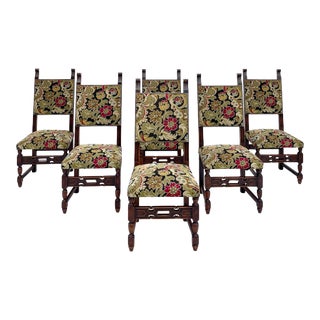 Set of 6 Franco-Flemish Carved Wood Tapestry Dining Chairs For Sale