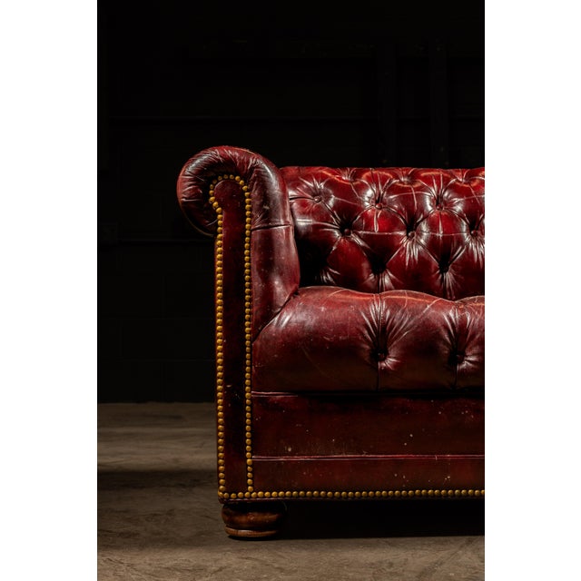 Wood Vintage Tufted Leather Chesterfield Sofa in Oxblood For Sale - Image 7 of 10
