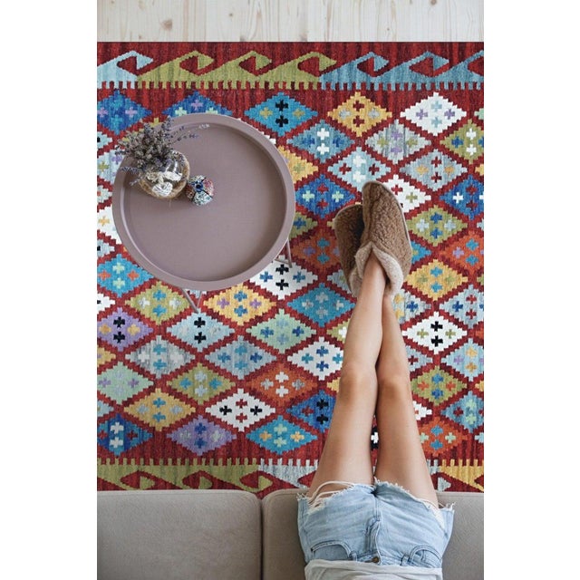 Textile 5x 8 Multicolor Flat Weave Wool Diamond Constellation Geometric Modern Carpet Rug For Sale - Image 7 of 7