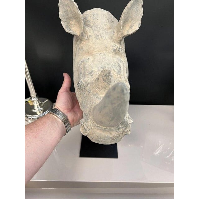 Large Realistic Rhinoceros Head Bust Sculpture on Metal Stand For Sale - Image 9 of 12