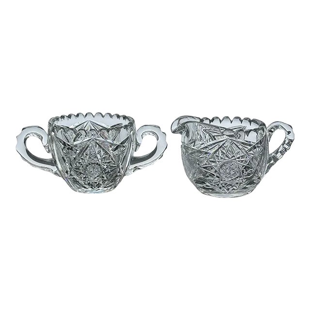 Antique American Brilliant Period Cut Crystal Glass Sugar Creamer Set For Sale