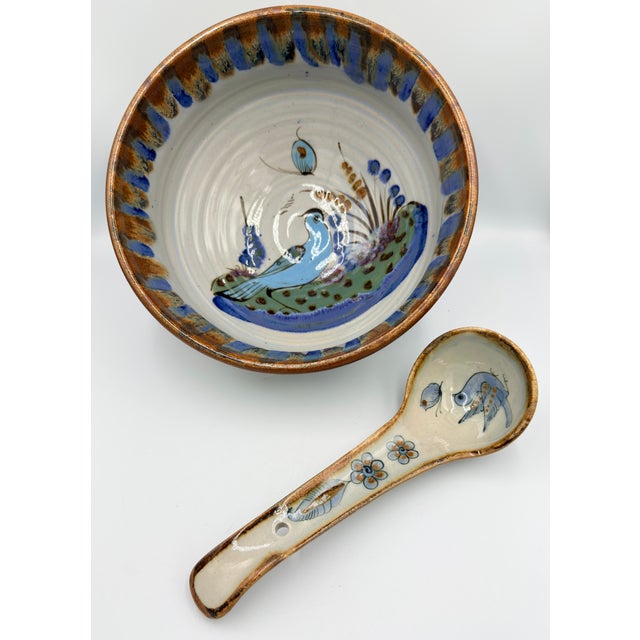 Gray 1950s Folk-Art Ken Edwards Palomar Tonala Pottery Hand Painted Punch Bowl W/Ladle For Sale - Image 8 of 17