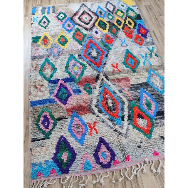 Multicolor Diamond Handwoven Wool Moroccan Boujaad Rug For Sale In Boston - Image 6 of 12