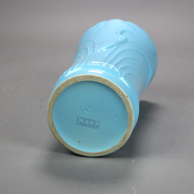 Ceramic Abingdon Art Pottery Blue Umbrella Stand with Embossed Marsh Scene & Stork C1940 For Sale - Image 7 of 7