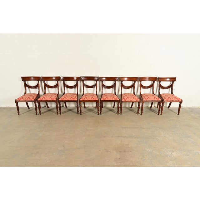 French Provincial Baker Furniture Style English Regency Carved Mahogany Dining Chairs, Set of Eight For Sale - Image 3 of 12