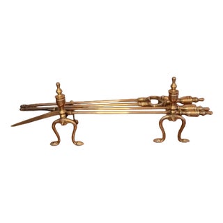 Antique Edwardian Brass Fire Irons and Fire Dogs, 1900, Set of 5 For Sale