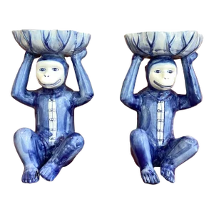 XL Pair of Mid 20th Century Blue and White Chinoiserie Monkey Holding Bowl