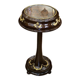 French Neoclassical Side Table – Dark Wood, Glass Top, Gold Leaf & Small Drawer For Sale