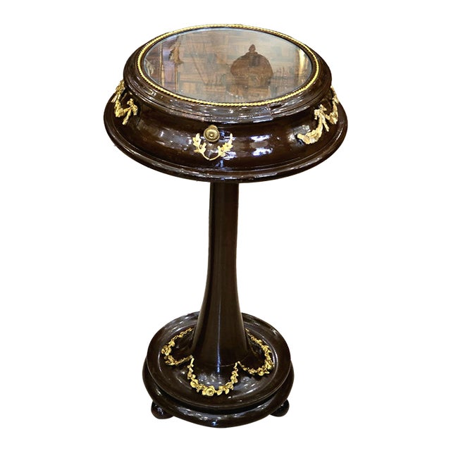 French Neoclassical Side Table – Dark Wood, Glass Top, Gold Leaf & Small Drawer For Sale