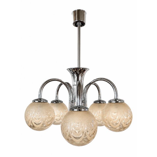 Ivory Art Deco Five-Light Chrome Chandelier with Etched Glass Globes, 1940s For Sale - Image 8 of 8