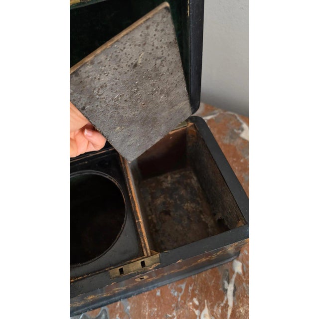Antique Victorian Papier Mache Tea Caddy Mother of Pearl Inlay Black Lacquer Box Cut Crystal Mixing Bowl 19th Century For Sale - Image 17 of 17