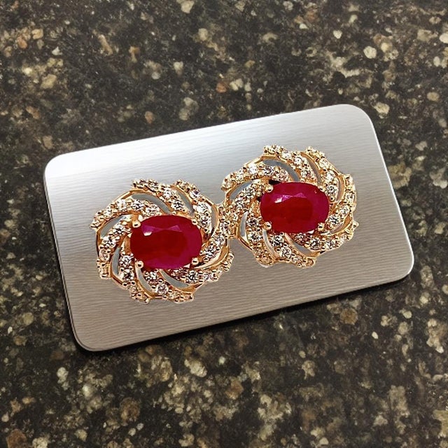 Diamond Ruby Earrings 14 Karat Yellow Gold 3.64 TCW Certified For Sale - Image 10 of 18