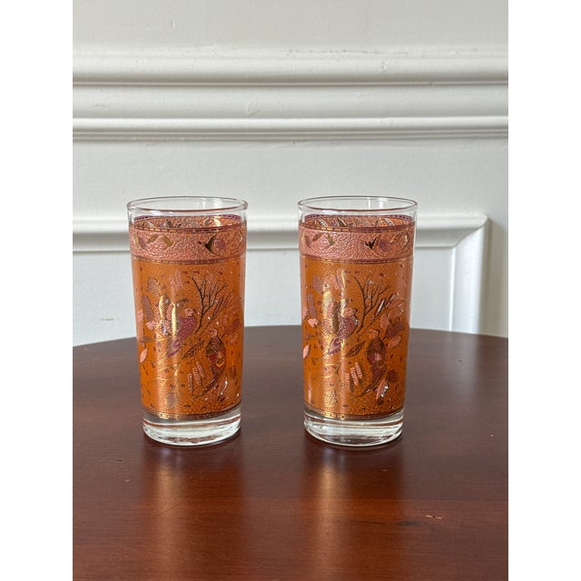 Metal Mid-Century Modern Hand Painted Highball Glasses With Bird Pattern - Set of 4 For Sale - Image 7 of 10