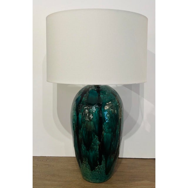 Original retail $792, stylish Modern Emerald Drip Glaze Ceramic Ceralene Table Lamp, white fabric shade, showroom floor...