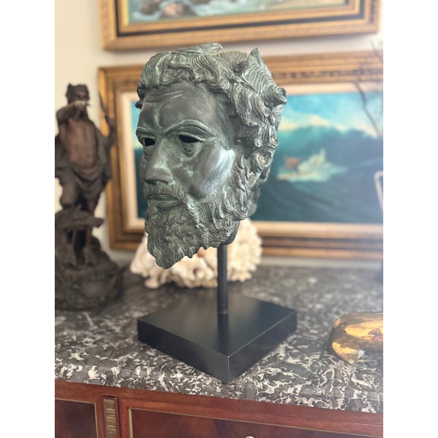 Grand Tour Vintage Verdigris Patinated Cast Bronze Classical Head Sculpture on Stand, Grand Tour Style For Sale - Image 3 of 11