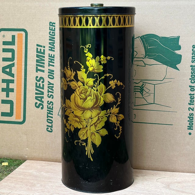 Hollywood Regency Vintage Hollywood Regency Black & Gold Floral Decoware Small Metal Hamper With Lid For Sale - Image 3 of 12