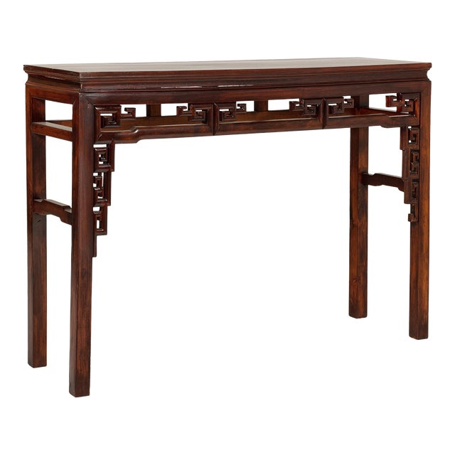 Tall Altar Console Table with Meander Carved Apron and Humpback Stretchers For Sale