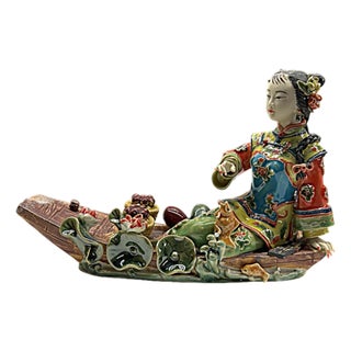 Chinese Porcelain Qing Style Dressing on Boat Lady Figure For Sale