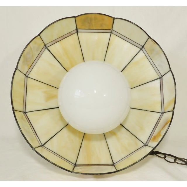 Vintage C1970s Signed Yellow Caramel & Purple Lilac Swirl Slag Glass Floral Pendant Light Chandelier For Sale - Image 11 of 12