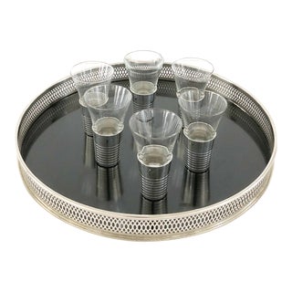 1940s Art Deco French Silver Plate Vodka Sipping Glasses and Italian Chrome Tray - 7 Piece Set For Sale