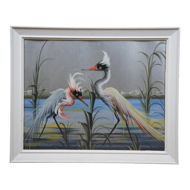 Late 20th Century Herons and Landscape Painting, Framed For Sale