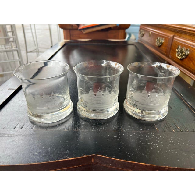 Vintage Old Fashion Whiskey Glasses With Etched Clipper Ship by Toscany - 3 For Sale - Image 4 of 6