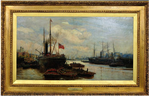 Charles Wyllie, Victorian Maritime Cityscape with River Thames, Upper Pool, London, 1800s, Oil on Canvas, Framed