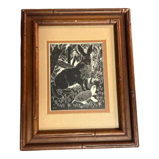 1970’s Original Folk Art Turtle and Rabbit Scratchboard Print For Sale