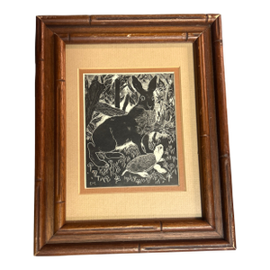 1970’s Original Folk Art Turtle and Rabbit Scratchboard Print