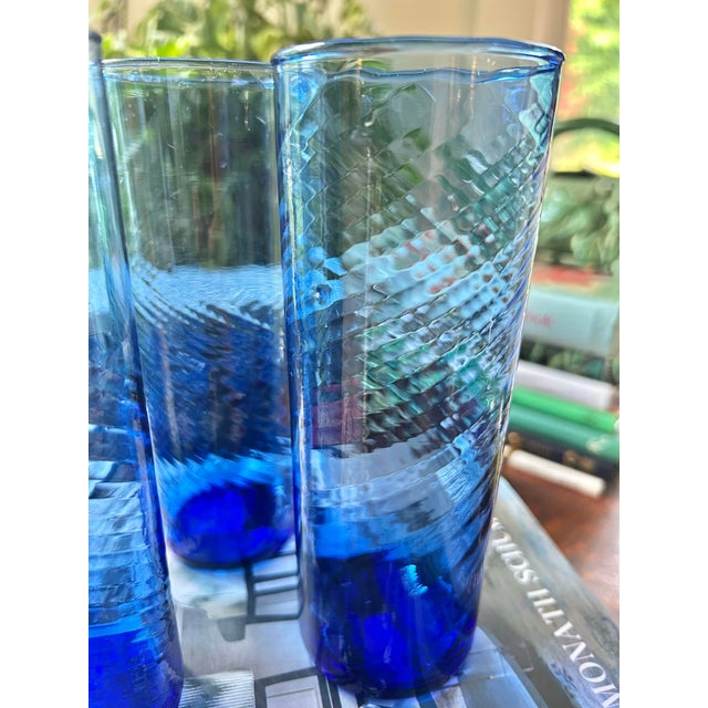 Vintage Hand-Blown Cobalt Blue Swirl Highball Glasses – Set of 4 For Sale In New Orleans - Image 6 of 10