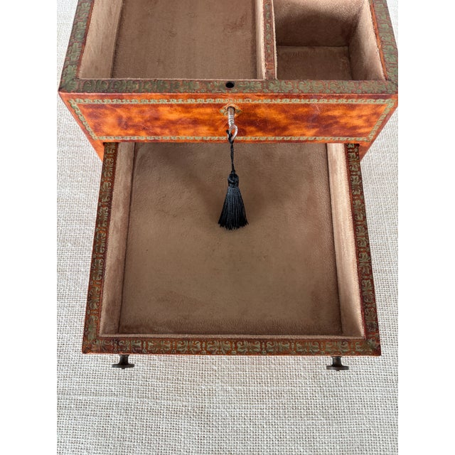 Vintage Italian Florentine Gold Embossed Leather Wrapped Jewelry Box With Key For Sale - Image 9 of 12