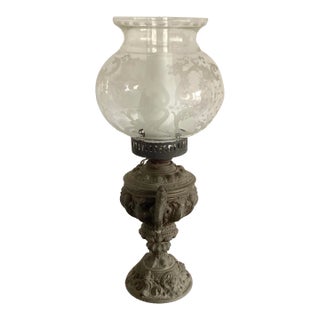 Antique Bronze Table Lamp With Etched Glass Globe For Sale