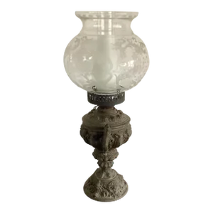 Antique Bronze Table Lamp With Etched Glass Globe
