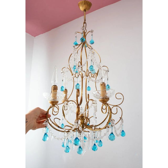 Italian Chandelier with Blue Glass Droplets, 1960s For Sale - Image 9 of 13