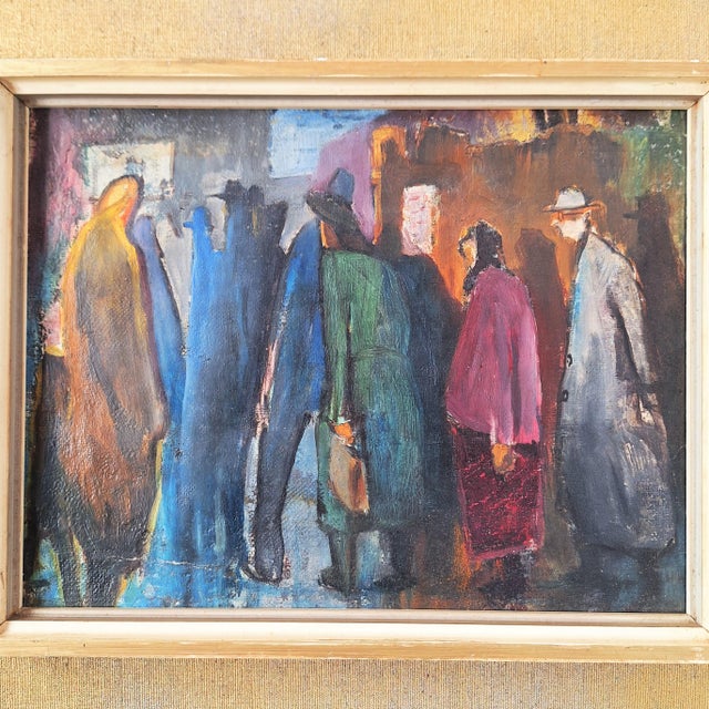 Elvira Hartung, Figurative Scene, Karlsruhe, 1950s, Oil on Wood, in Very Good conditions. Designed 1950 to 1959 I have...