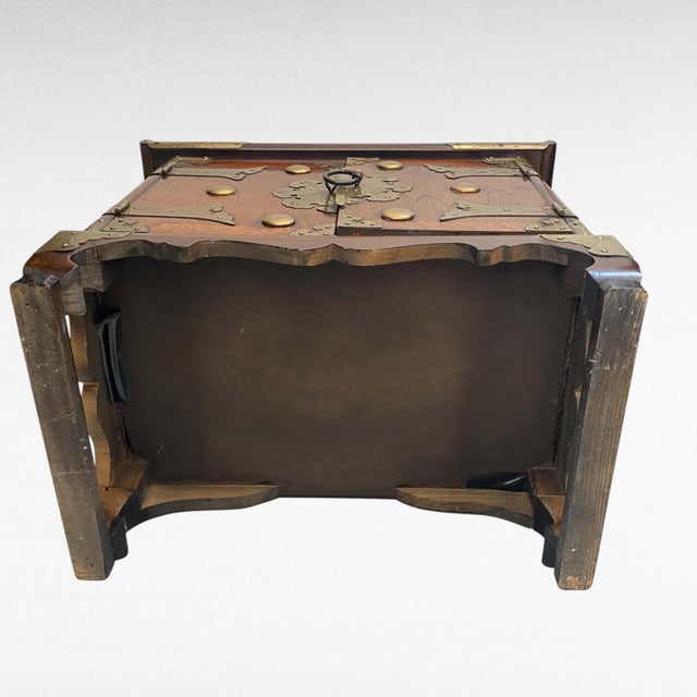 Mid-Century Chinese Brass-Mounted Hardwood Cabinet With Lock & Calligraphy Interior For Sale - Image 13 of 14