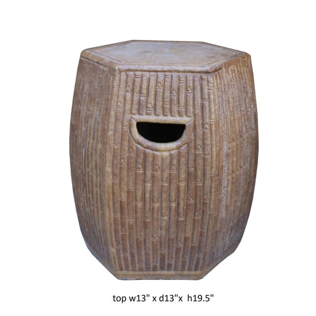 Chinese Hexagon Bamboo Theme Brown Ceramic Clay Garden Stool For Sale In San Francisco - Image 6 of 6