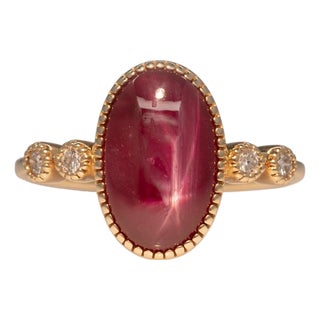 3.5Ct Star Ruby Ring With Earth Mined Diamonds Accents: Solid 14k Gold, Size 6.75 For Sale