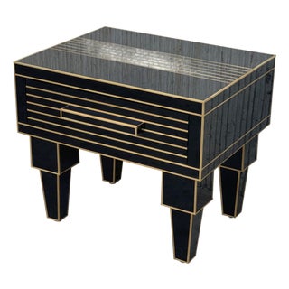 New Pair of Mirrored Low Nightstand in Black Mirror and Chrome with Drawer For Sale