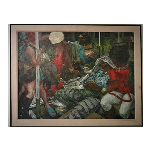 Julian Rockmore 1970s New York City Subway Scene With Man Sleeping With Newspaper Social Realism Modert Art Oil on Canvas