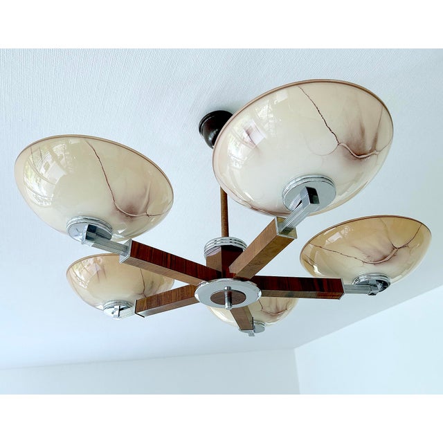 Metal Large Art Deco Pendant Light in Wood and Glass, 1930s For Sale - Image 7 of 18