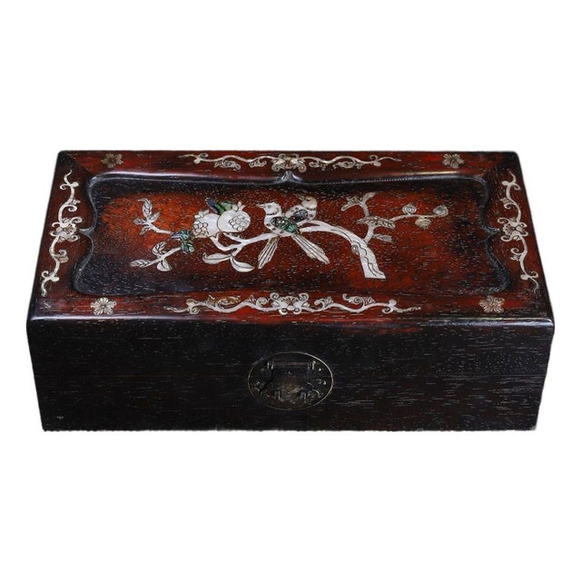 Vintage Zitan Wood Box With Mother-of-Pearl Bird & Pomegranate Inlay For Sale