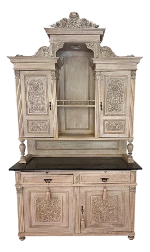 Antique Swedish Dry Bar Bleached Mahogany & Marble Cupboard Hutch