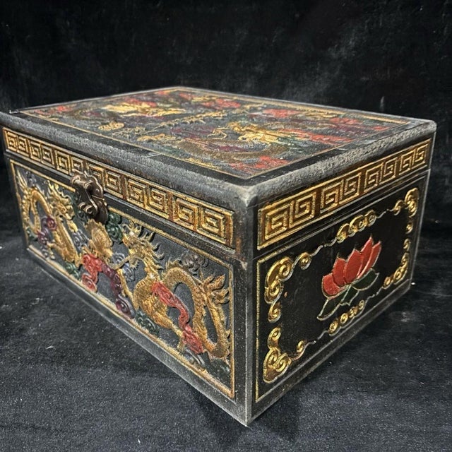 Chinese Antique Chinese Gilt Lacquered Dragon Box With Brass Clasp For Sale - Image 3 of 9