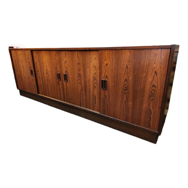 Vintage Mid Century Modern Rosewood Credenza by P. Vestergaard | Sliding Door Sideboard Cabinet | Danish Modern Storage Console, Attributed For Sale