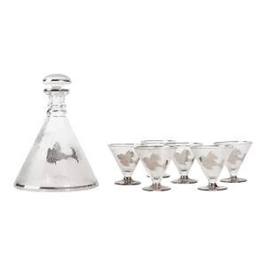 Early 20th Century Art Déco Conical Frosted Crystal Silver-Trimmed Liquor Set With Etched Koi Fish Decoration, France- 7 Pieces