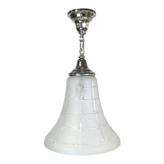 Art Deco Incised Glass and Nickel Bell Shaped Chandelier For Sale