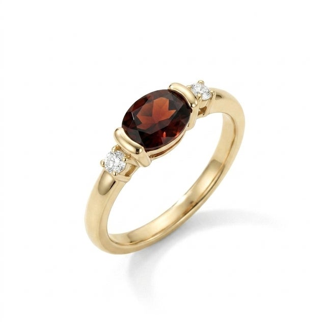 Contemporary 18k Gold Plated East-West Oval Garnet & Diamond Three-Stone Ring Us 7 For Sale - Image 3 of 3